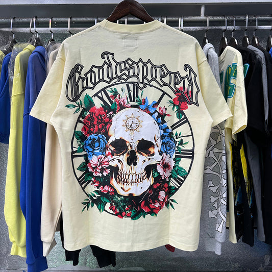 Godspeed T Shirts Skull Rose Clock Plate Double Yarn Cotton Casual Short Sleeve Men and Women