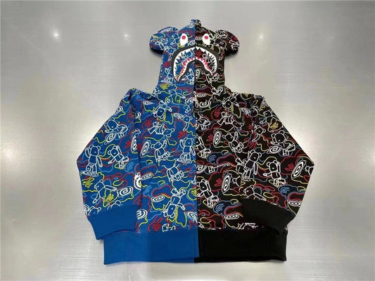 Bape Bearbrick Hoodie Blue And Black Camouflage Stitching Shark Zipper Hooded Ear Sweater