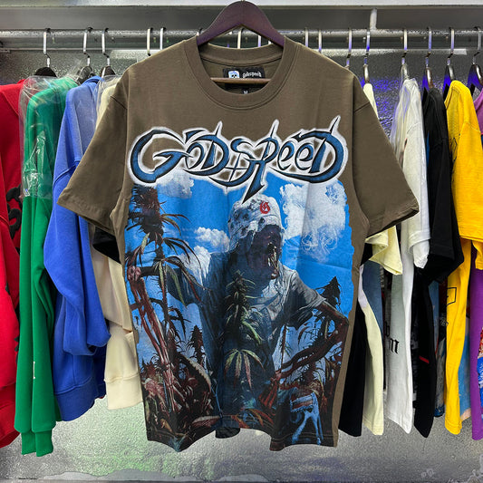 Godspeed T Shirts Blue Sky White Clouds Poppy Skull Planting Printing Cotton Casual Short Sleeves Men and Women
